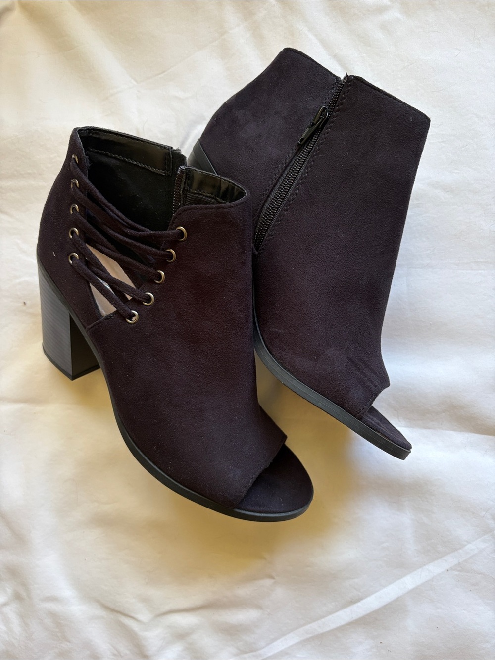 Soda Black Suede Peep-Toe Lace-Up Block Heel Booties - Picture 2 of 5